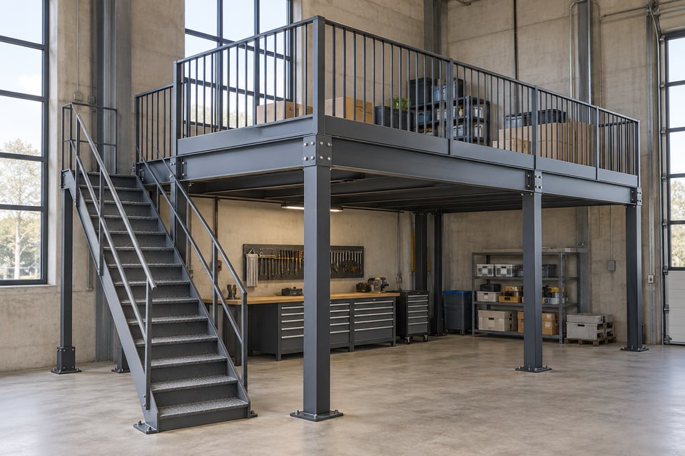 Ilustračné oceľové medziposchodie so schodiskom v prevádzke